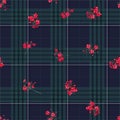 Beautiful winter black wash tartan layer on red little flowers seamless pattern in vector, Design for fashion ,fabric , web, Royalty Free Stock Photo
