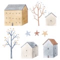 Beautiful winter composition with hand drawn watercolor cute houses. Stock illustration.