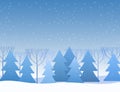 Beautiful winter flat landscape background. Christmas forest woods. New Year vector greeting card.