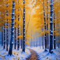 Beautiful winter forest with a path covered in snow.