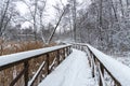 Beautiful winter forest snow scene with wooden path walkway Royalty Free Stock Photo