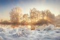 Beautiful winter. Frosty landscape of wild nature with sunbeams. Vivid Christmas landscape. Winter scenery