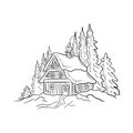 Beautiful winter house in Carpathian mountains with pine trees and snowdrift. Wild forester\'s magic house near ski resort