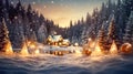 Beautiful winter house and Christmas tree on the mountain. Christmas greeting card Royalty Free Stock Photo