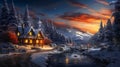 Beautiful winter house and winter landscape on the mountain. Christmas greeting card