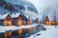 beautiful winter houses in mountain region, bathed in the warm evening lights Royalty Free Stock Photo