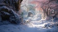 beautiful winter landscape, branches of old trees in a snow covered forest, the path to the cave, bright sunlight and Royalty Free Stock Photo