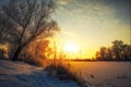 Beautiful winter landscape. The branches of the trees are covered with hoarfrost. Foggy morning sunrise. Colorful evening Royalty Free Stock Photo