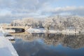 Beautiful winter landscape with bridge and nice reflection in water of river Royalty Free Stock Photo