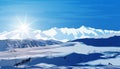 Beautiful winter landscape with bright sun rays, white snow field, mountains and a large drifts in the foreground. Landscape Royalty Free Stock Photo