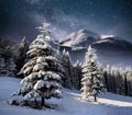 Beautiful winter landscape in the Carpathian mountains. Vibrant night sky with stars and nebula and galaxy. Deep sky Royalty Free Stock Photo