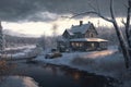 A beautiful winter landscape at Christmas with a small cosy hut and a pathway created with generative AI technology
