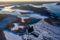 Beautiful winter landscape - drone aerial photo sunset time - frozen Wigry lake, forest and sun reflections