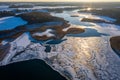 Beautiful winter landscape - drone aerial photo sunset time - frozen Wigry lake, forest and sun reflections