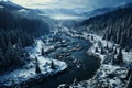 beautiful winter landscape drone view, river and forest with snow, wild nature