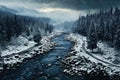 beautiful winter landscape drone view, river and forest with snow, wild nature