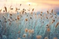 Beautiful winter landscape with dry reed in the field at sunset Royalty Free Stock Photo