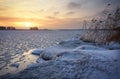 Beautiful winter landscape with frozen lake and sunset sky. Royalty Free Stock Photo
