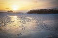 Beautiful winter landscape with frozen lake and sunset sky. Royalty Free Stock Photo