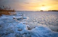 Beautiful winter landscape with frozen lake and sunset sky. Royalty Free Stock Photo