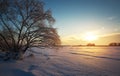 Beautiful winter landscape with frozen lake, trees and sunset Royalty Free Stock Photo