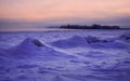 Beautiful winter landscape. Frozen river covered with snow. Royalty Free Stock Photo