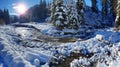 Beautiful winter landscape. Frozen river and green firs covered with snow Royalty Free Stock Photo