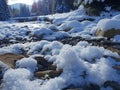 Beautiful winter landscape. Frozen river and green firs covered with snow Royalty Free Stock Photo