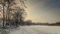 winter landscape. Frozen snowy river with coastal trees in the warm sunset light Royalty Free Stock Photo