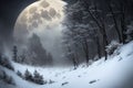 Beautiful winter landscape with giant Moon, AI generated