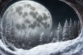 Beautiful winter landscape with giant Moon, AI generated