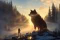 Beautiful winter landscape with giant wolf, warg Fenrir, AI generated