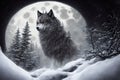 Beautiful winter landscape with giant wolf, warg Fenrir, AI generated