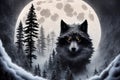 Beautiful winter landscape with giant wolf, warg Fenrir, AI generated