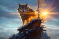 Beautiful winter landscape with giant wolf, warg Fenrir, AI generated