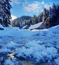 Beautiful winter landscape. Green firs and wooden houses covered with snow. Snow crystals cover frozen river Royalty Free Stock Photo