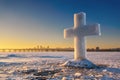 Beautiful winter landscape with Ice Cross on frozen river and sunset sky Royalty Free Stock Photo