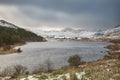 Beautiful Winter landscape image of Llynnau Mymbyr in Snowdonia