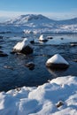 Beautiful Winter landscape image looking towards Scottish Highlands mountain range across Loch Ba on Rannoch Moor Royalty Free Stock Photo