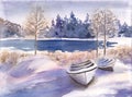 Beautiful winter landscape with lake, forest and boat. Hand drawn watercolor illustration of Frosty countryside. Royalty Free Stock Photo