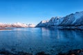 Beautiful winter landscape, lake with snowy mountains with serene blue sky, natural travel outdoor background, Lofoten Islands Royalty Free Stock Photo