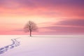 Beautiful winter landscape with lonely tree in snowy field at sunset Royalty Free Stock Photo