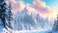 A Beautiful Winter Landscape, Mountain Peaks And Trees Covered With Snow, Stylized As An Oil Painting. Generative Ai