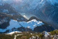 Beautiful winter landscape, mountains and lake in Berchtesgaden, Germany. Bavarian alps covered with snow