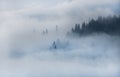 Beautiful winter landscape in the mountains. Sunrise. Carpatian valley with fog and snow. Carpathian winter mountains. Early morni