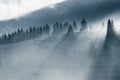 Beautiful winter landscape in the mountains. Sunrise. Carpatian valley with fog and snow. Carpathian winter mountains. Early morni
