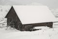 Beautiful winter landscape in the mountains. Sunrise. Carpatian valley with fog and snow. Carpathian winter mountains. Early morni