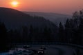 Beautiful winter landscape in the mountains. Sunset over the Yenisei River. Krasnoyarsk. Russia