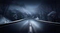 beautiful winter landscape at night, a road in a snow covered forest, dark and hazy, beautiful nature Royalty Free Stock Photo