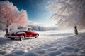 Beautiful winter landscape with old car and trees covered with snow
